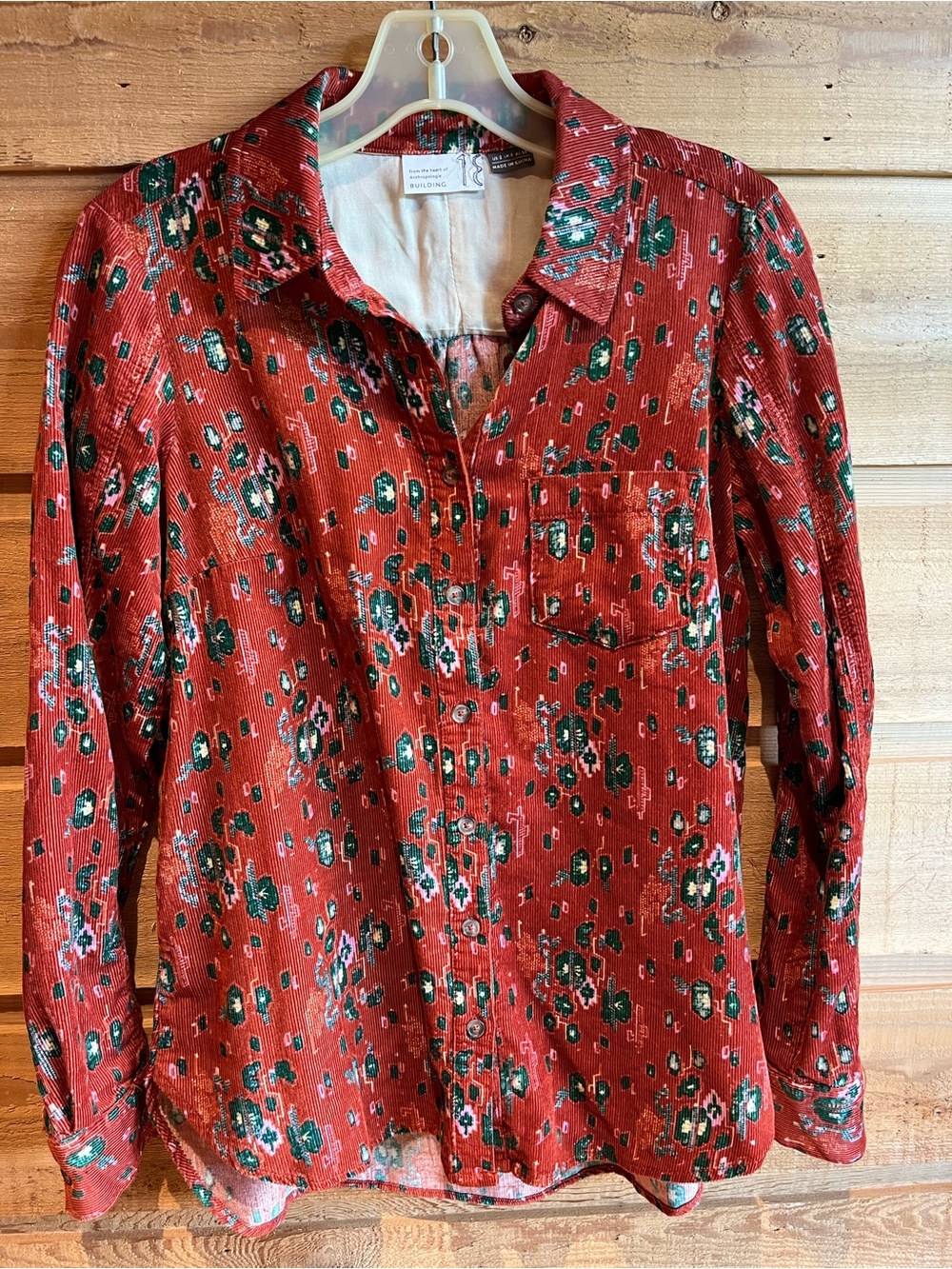 ANTHROPOLOGIE - Rust Colored Printed Long-Sleeve Corduroy Shirt